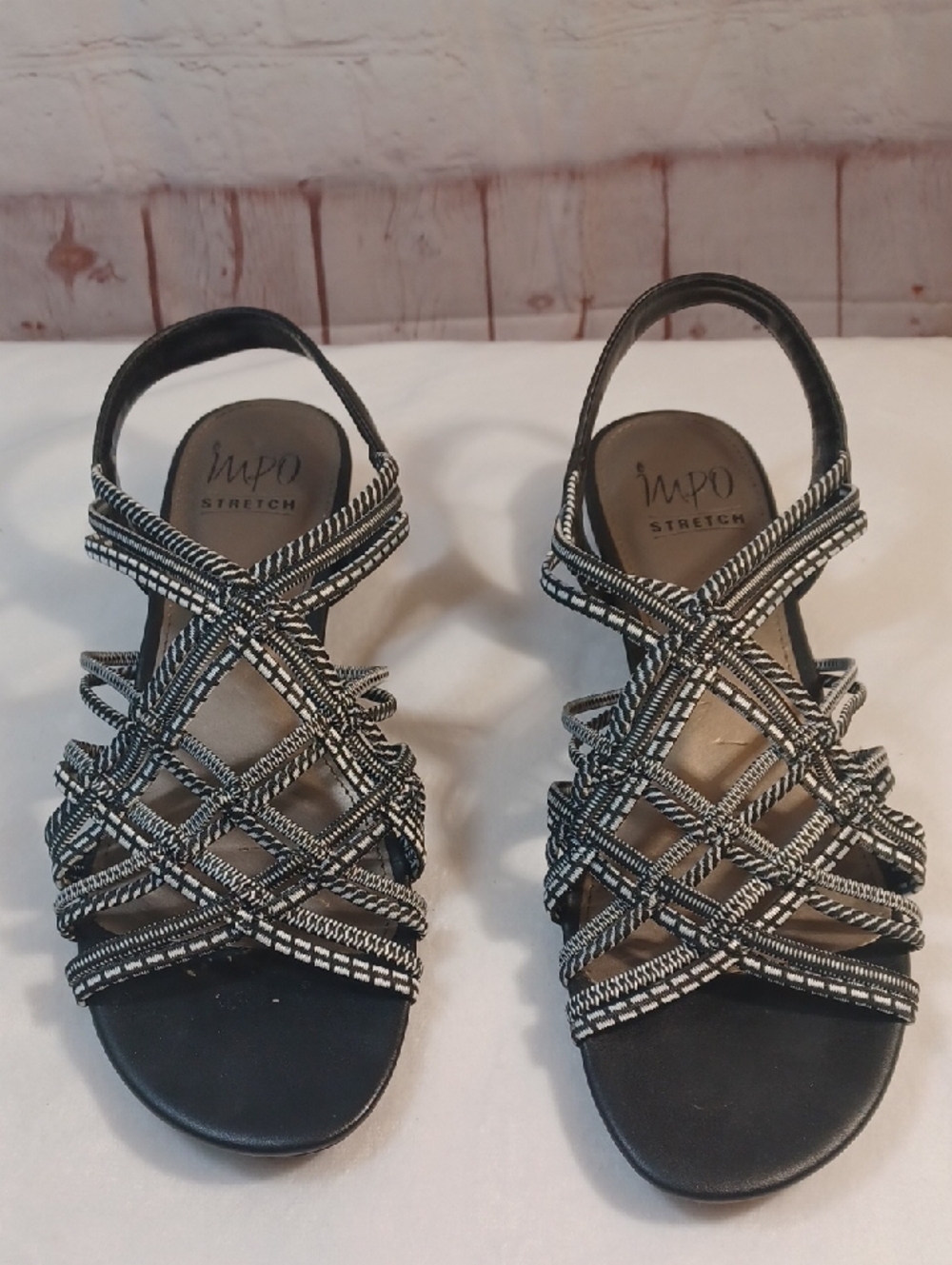 impo ronda black white stretch strappy comfort sandals womens size 9m